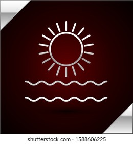 Silver line Sun and waves icon isolated on dark red background.  Vector Illustration