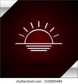 Silver line Sunset icon isolated on dark red background.  Vector Illustration