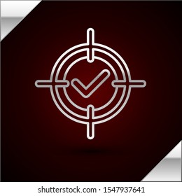 Silver line Target and check mark icon isolated on dark red background. Dart board sign. Archery board icon. Dartboard sign. Business goal concept.  Vector Illustration