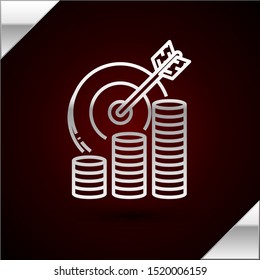 Silver line Target with coin symbol icon isolated on dark red background. Investment target icon. Successful business concept. Cash or Money sign.   Vector Illustration