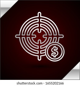 Silver line Target with dollar symbol icon isolated on dark red background. Investment target icon. Successful business concept. Cash or Money.  Vector Illustration