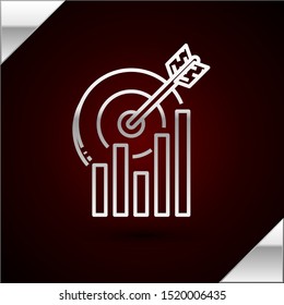 Silver line Target with graph chart icon isolated on dark red background. Report text file icon. Accounting sign. Audit, analysis, planning.  Vector Illustration