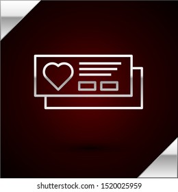 Silver line Ticket with heart icon isolated on dark red background. Boarding pass with heart.  Vector Illustration