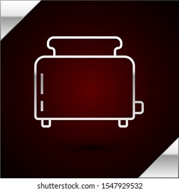Silver line Toaster with toasts icon isolated on dark red background.  Vector Illustration