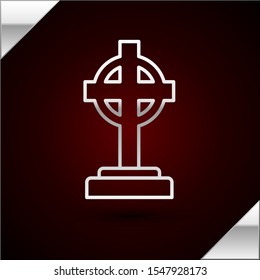 Silver line Tombstone with cross icon isolated on dark red background. Grave icon.  Vector Illustration