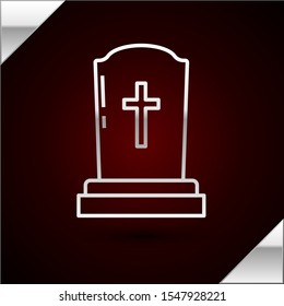 Silver line Tombstone with cross icon isolated on dark red background. Grave icon.  Vector Illustration