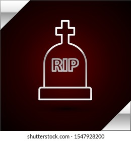 Silver line Tombstone with RIP written on it icon isolated on dark red background. Grave icon.  Vector Illustration