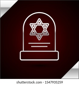 Silver line Tombstone with star of david icon isolated on dark red background. Jewish grave stone. Gravestone icon.  Vector Illustration