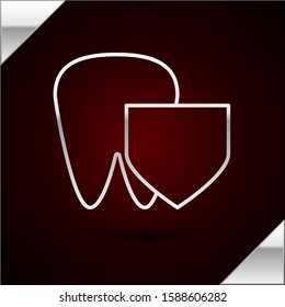 Silver line Tooth with shield icon isolated on dark red background. Dental insurance. Security, safety, protection, protect concept.  Vector Illustration