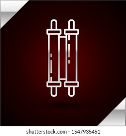 Silver line Torah scroll icon isolated on dark red background. Jewish Torah in expanded form. Star of David symbol. Old parchment scroll.  Vector Illustration