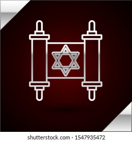 Silver line Torah scroll icon isolated on dark red background. Jewish Torah in expanded form. Star of David symbol. Old parchment scroll.  Vector Illustration