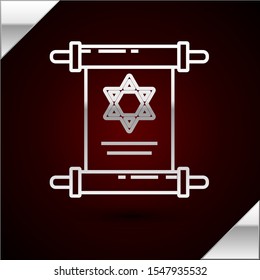 Silver line Torah scroll icon isolated on dark red background. Jewish Torah in expanded form. Star of David symbol. Old parchment scroll.  Vector Illustration