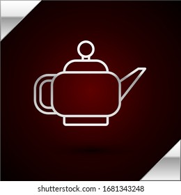 Silver line Traditional Japanese tea ceremony icon isolated on dark red background. Teapot with cup.  Vector Illustration