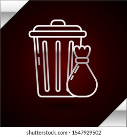 Silver line Trash can and garbage bag icon isolated on dark red background. Garbage bin sign. Recycle basket icon. Office trash icon.  Vector Illustration
