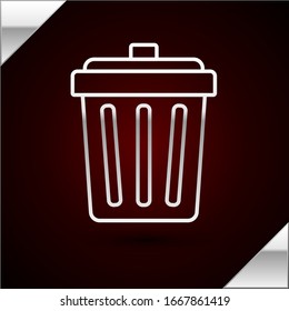 Silver line Trash can icon isolated on dark red background. Garbage bin sign. Recycle basket icon. Office trash icon.  Vector Illustration