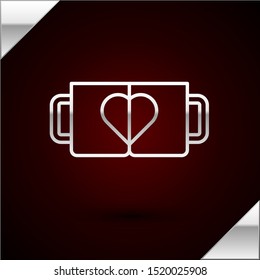 Silver line Two coffee cup and heart icon isolated on dark red background. Couple coffee for lovers on Valentines Day.  Vector Illustration