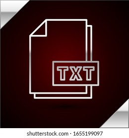 Documento de archivo TXT de línea plateada. Descargar icono del botón txt aislado en fondo rojo oscuro. Símbolo de extensión de archivo de texto.  Ilustración vectorial