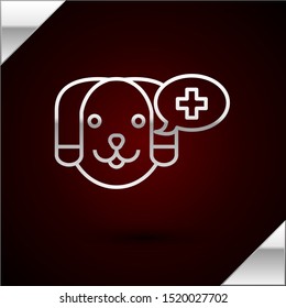 Silver line Veterinary clinic symbol icon isolated on dark red background. Cross with dog veterinary care. Pet First Aid sign.  Vector Illustration