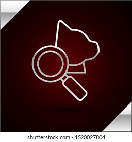 Silver line Veterinary clinic symbol icon isolated on dark red background. Magnifying glass with cat veterinary care. Pet First Aid sign.  Vector Illustration