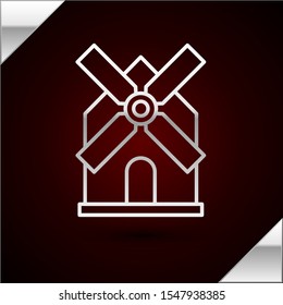 Silver line Windmill icon isolated on dark red background.  Vector Illustration