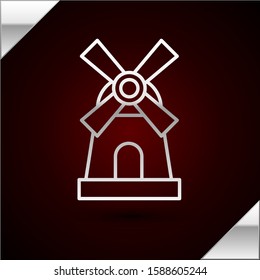 Silver line Windmill icon isolated on dark red background.  Vector Illustration