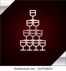 Silver line Wine glasses stacked in a pyramid tower icon isolated on dark red background. Wineglass sign.  Vector Illustration