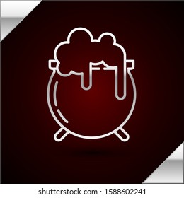 Silver line Witch cauldron icon isolated on dark red background. Happy Saint Patricks day.  Vector Illustration