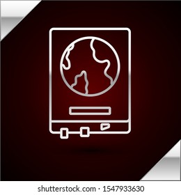 Silver line World map on a school blackboard icon isolated on dark red background. Drawing of map on chalkboard.  Vector Illustration