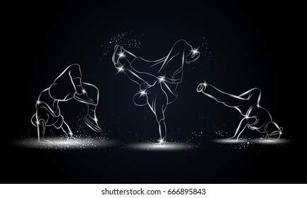 Silver linear b-boys dancers set on black background. Hip hop dance background for poster and flyer. svg