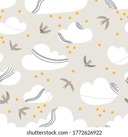 Silver lining, calm vector seamless pattern with birds and clouds