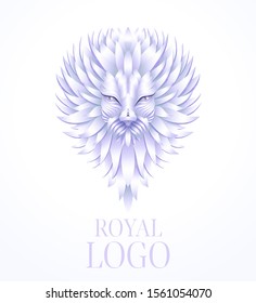 Silver lion metal head vector 3d color illustration. Abstract tribal animal with metallic effect. Royal logo design. Isolated volumetric gradient clipart. Logotype, emblem, branding template