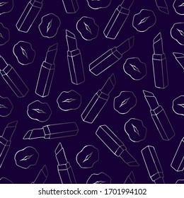 Silver lipstick and kisses texture. Fashion seamless pattern. Female set consists of lipstick and lips on classic blue background