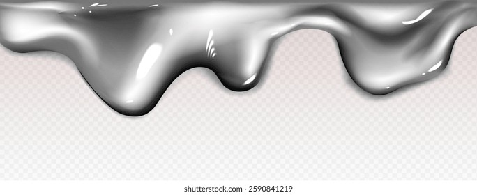 Silver liquid drip border with flowing metallic substance on transparent background. Glossy chrome edge element with wavy pattern and reflective highlights. Realistic smooth molten boundary design.