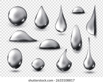 Silver liquid drip collection with various metallic fluid shapes on transparent background. Different mercury forms - sphere and oval drops, elongated teardrops. Realistic shiny chrome bubbles set.