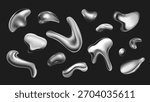 Silver liquid shapes 3d elements set in realistic render design. Collection of glossy chrome liquid blobs, shiny metallic fluid with glass reflectives, mercury pouring effect. Vector illustration.