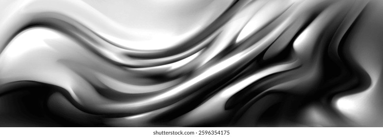 Silver liquid texture with smooth flowing curves and glossy wave forms. Abstract monochrome background with dynamic movement and undulating surfaces. Elegant metallic appearance for modern design.