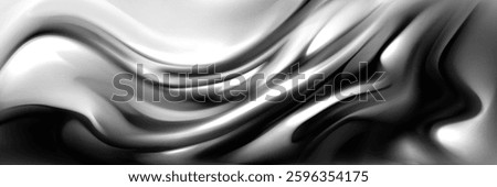 Silver liquid texture with smooth flowing curves and glossy wave forms. Abstract monochrome background with dynamic movement and undulating surfaces. Elegant metallic appearance for modern design.