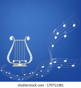 Silver lira with diamond music notes on blue background