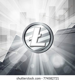 Silver litecoin coin cryptocurrency in the bright rays with statistics chart