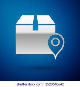 Silver Location with cardboard box icon isolated on blue background. Delivery services, logistic and transportation, relocation, distribution.  Vector Illustration