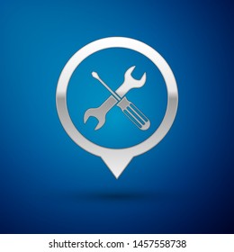 Silver Location with crossed screwdriver and wrench tools icon isolated on blue background. Pointer settings symbol.  Vector Illustration