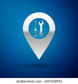 Silver Location with crossed screwdriver and wrench tools icon isolated on blue background. Pointer settings symbol.  Vector Illustration