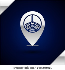 Silver Location fishing icon isolated on dark blue background. Fishing place.  Vector Illustration