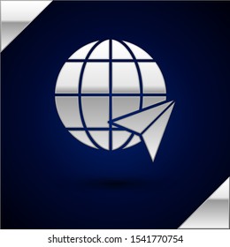 Silver Location on the globe icon isolated on dark blue background. World or Earth sign.  Vector Illustration