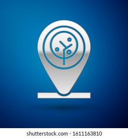 Silver Location and tree icon isolated on blue background.  Vector Illustration