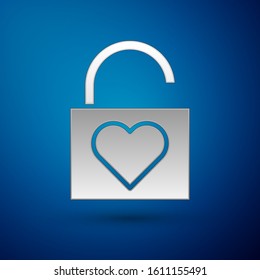 Silver Lock and heart icon isolated on blue background. Locked Heart. Love symbol and keyhole sign. Valentines day symbol.  Vector Illustration