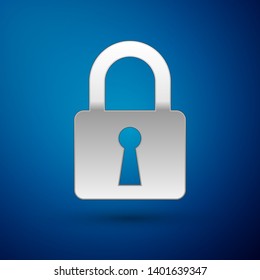 Silver Lock icon isolated on blue background. Closed padlock sign. Cyber security concept. Digital data protection. Safety safety. Vector Illustration