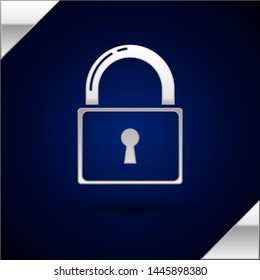 Silver Lock icon isolated on dark blue background. Padlock sign. Security, safety, protection, privacy concept.  Vector Illustration