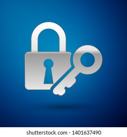 Silver Lock and key icon isolated on blue background. Padlock sign. Security, safety, protection, privacy concept. Vector Illustration