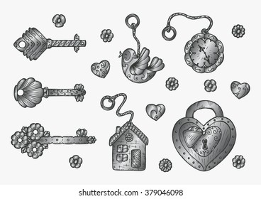 Silver lock, trinkets and keys - Vector Vintage set